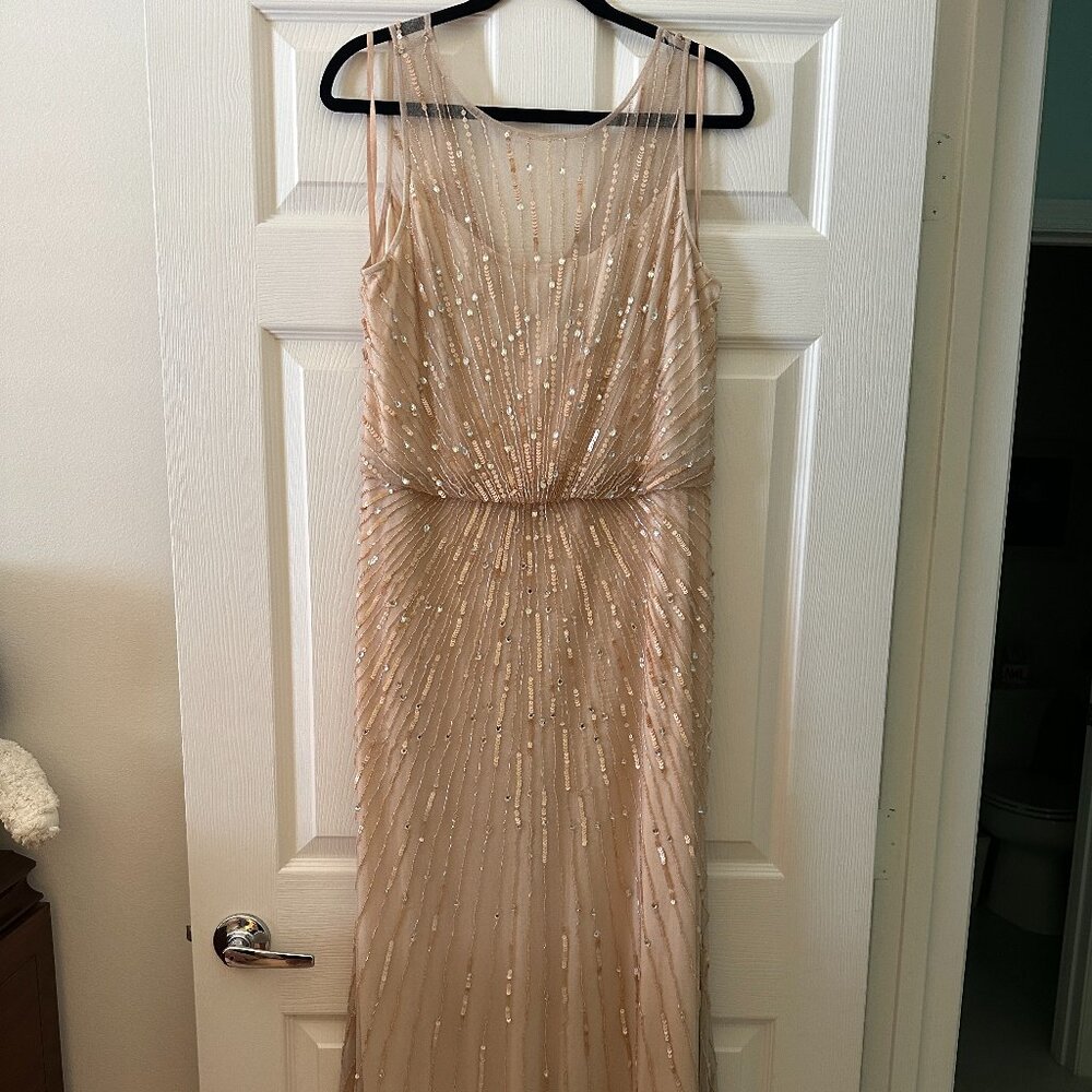 Aidan Mattox Sleeveless Sunburst Beaded Blouson Gown Silver NWT Size 14